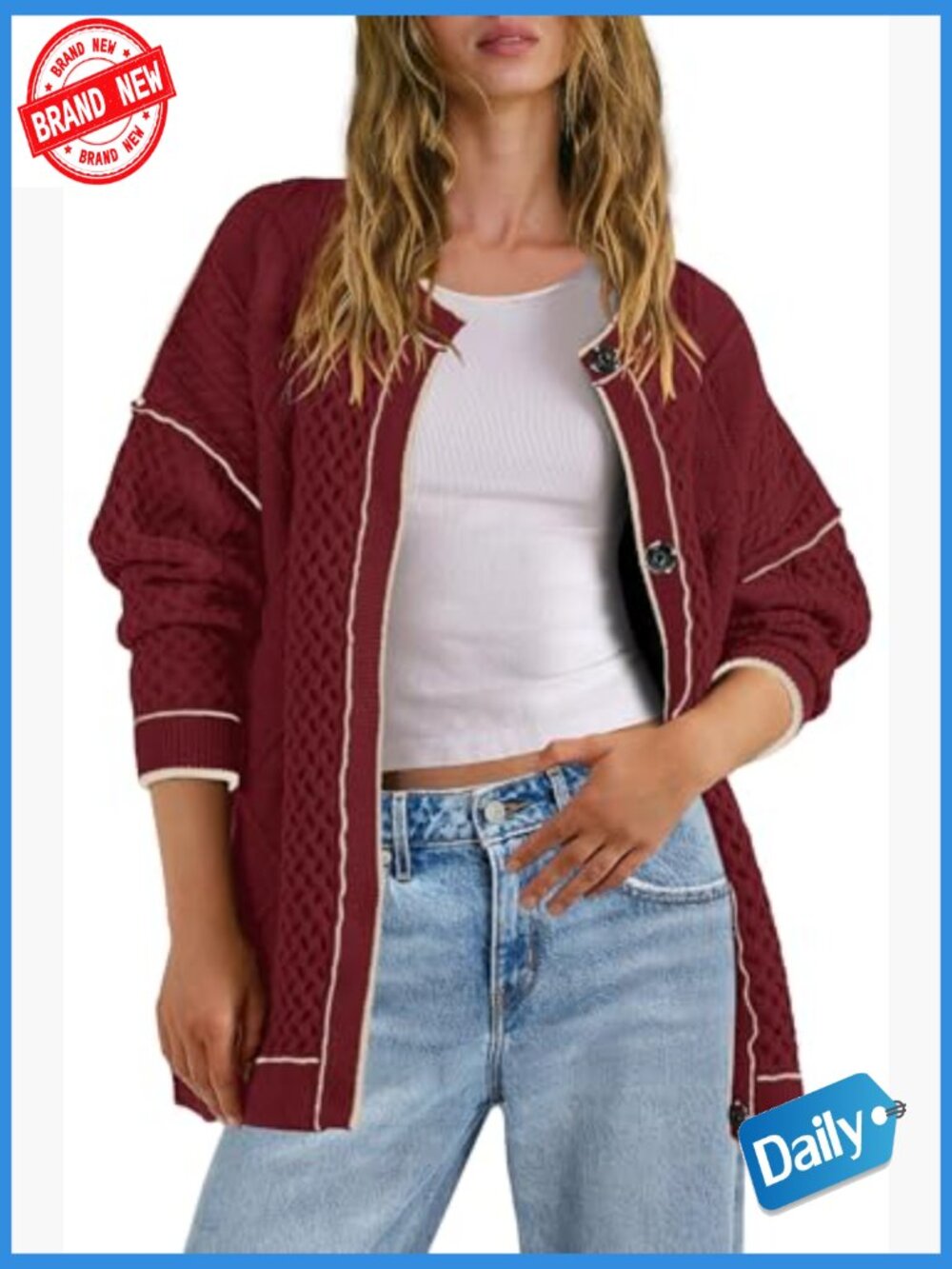 Oversized Cable Knit Cardigan with Pockets - Lightweight Fall Sweater - Picture 3 of 7